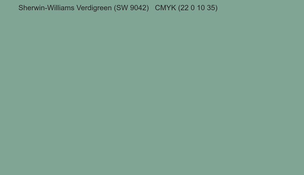 Color Sherwin-Williams Verdigreen (SW 9042) to CMYK (22 0 10 35) converter Color Sherwin-Williams Verdigreen (SW 9042) to CMYK (22 0 10 35) converter