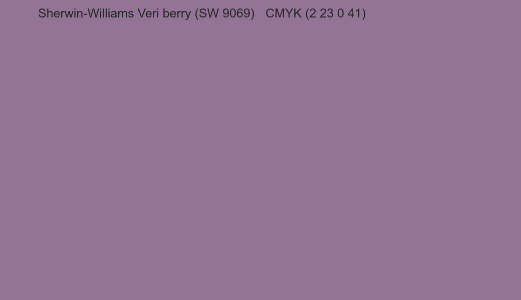 Color Sherwin-Williams Veri berry (SW 9069) to CMYK (2 23 0 41) converter Color Sherwin-Williams Veri berry (SW 9069) to CMYK (2 23 0 41) converter
