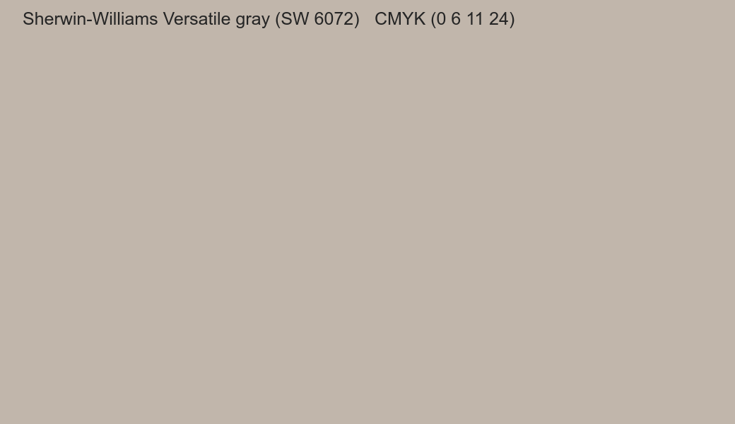 Color Sherwin-Williams Versatile gray (SW 6072) to CMYK (0 6 11 24) converter Color Sherwin-Williams Versatile gray (SW 6072) to CMYK (0 6 11 24) converter