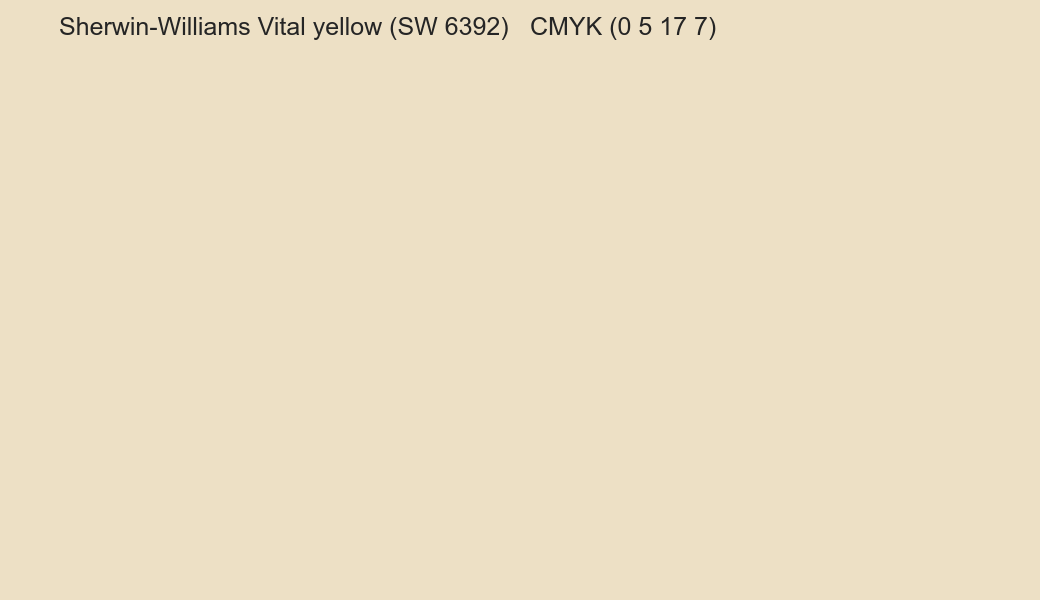 Color Sherwin-Williams Vital yellow (SW 6392) to CMYK (0 5 17 7) converter Color Sherwin-Williams Vital yellow (SW 6392) to CMYK (0 5 17 7) converter