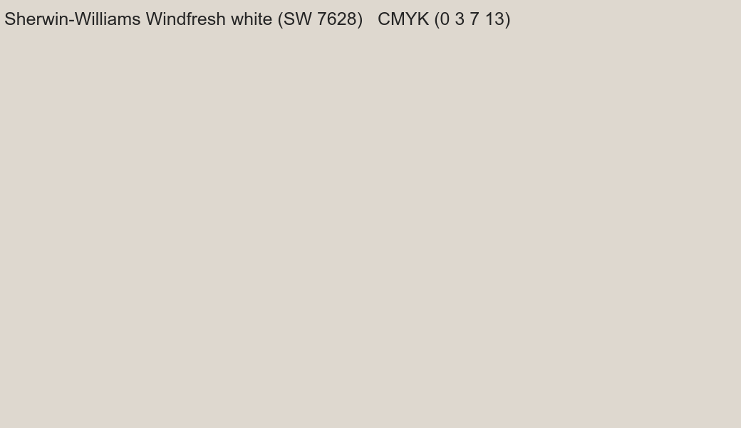 Color Sherwin-Williams Windfresh white (SW 7628) to CMYK (0 3 7 13) converter Color Sherwin-Williams Windfresh white (SW 7628) to CMYK (0 3 7 13) converter