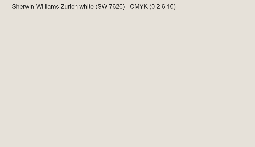 Color Sherwin-Williams Zurich white (SW 7626) to CMYK (0 2 6 10) converter Color Sherwin-Williams Zurich white (SW 7626) to CMYK (0 2 6 10) converter