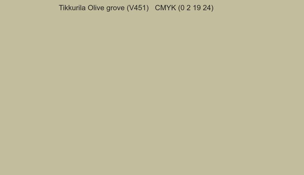 Color Tikkurila Olive grove (V451) to CMYK (0 2 19 24) converter Color Tikkurila Olive grove (V451) to CMYK (0 2 19 24) converter